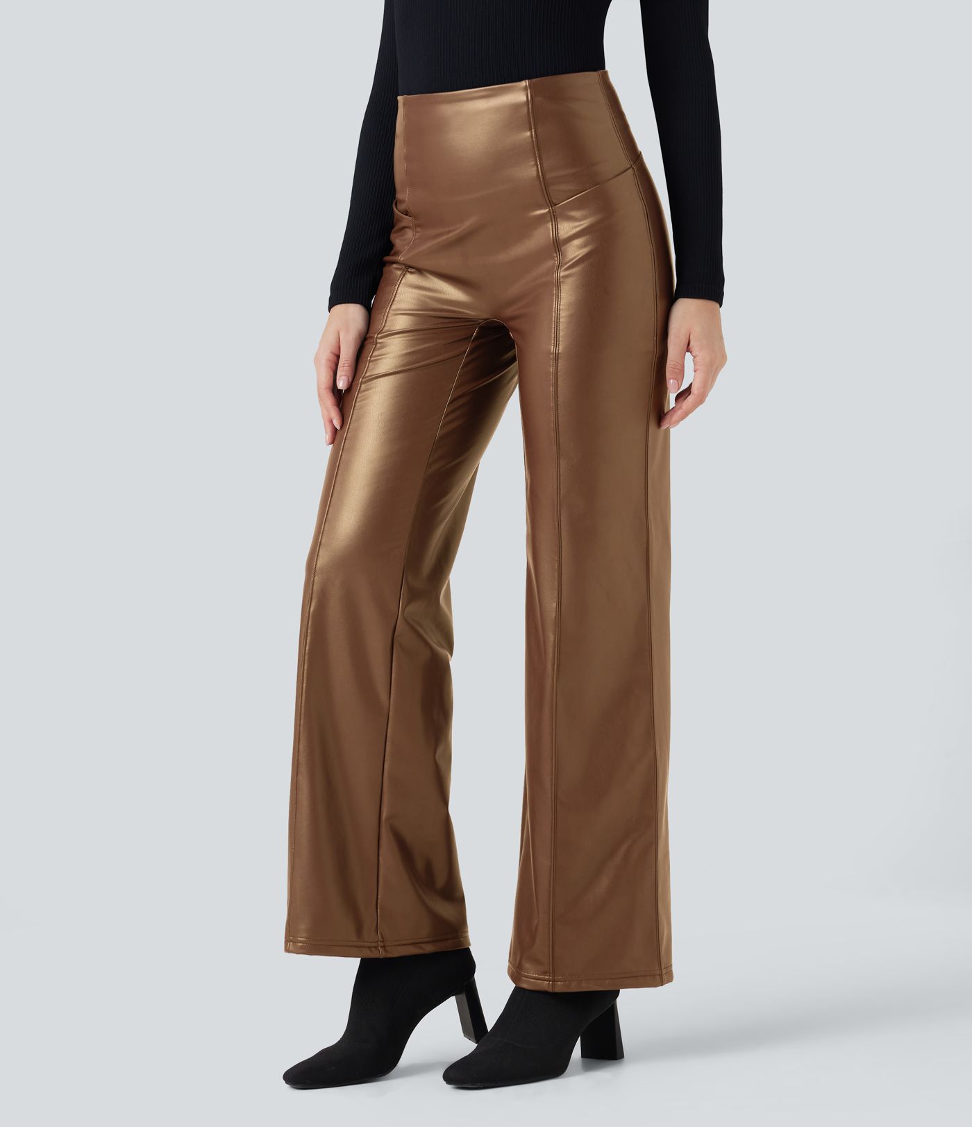 Lässige Fleece-Schlaghose aus dehnbarem Kunstleder mit hohem Bund, Seitentaschen und Bauchkontrolle