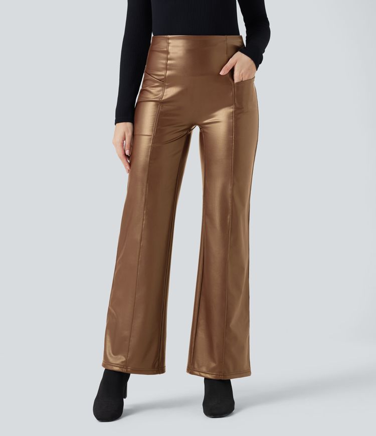 Lässige Fleece-Schlaghose aus dehnbarem Kunstleder mit hohem Bund, Seitentaschen und Bauchkontrolle