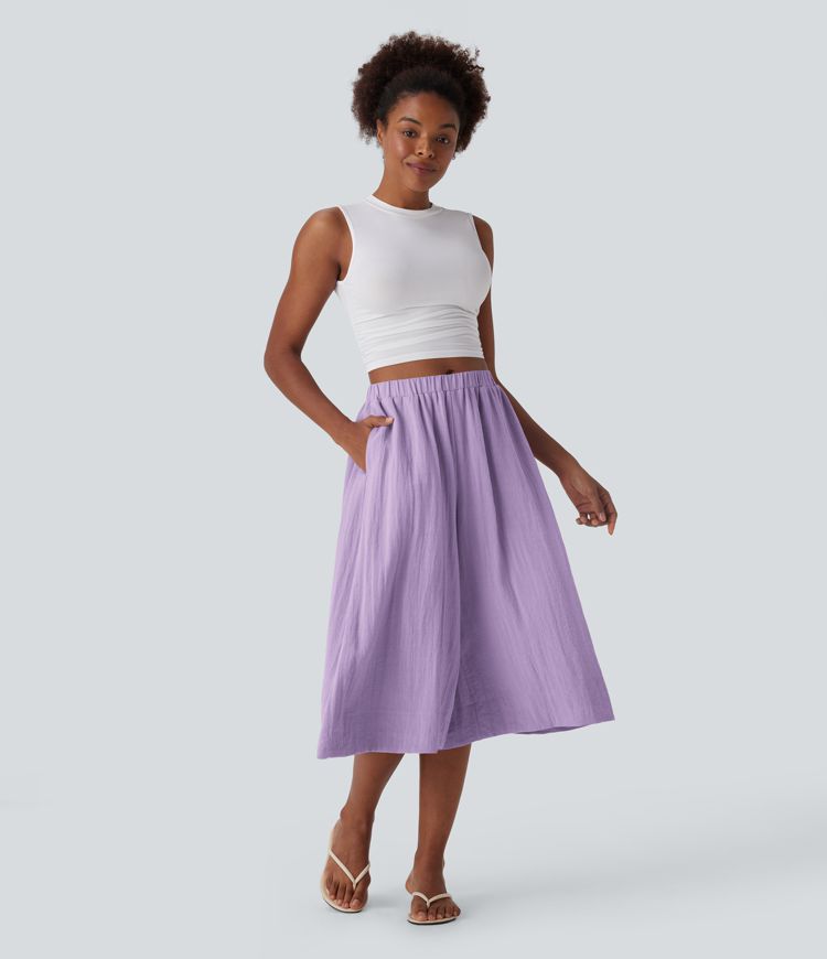 Mid Rise Women Wide Leg Baggy Flowy Linen-Feel Pants with Pocket