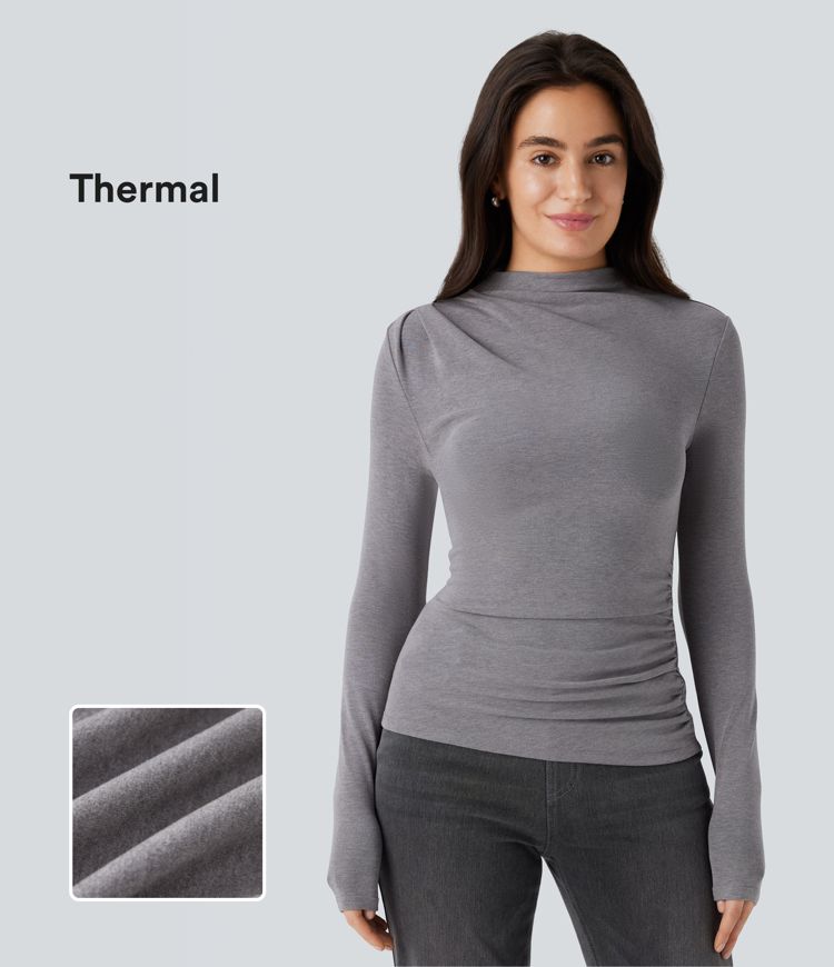 Haut thermique moulant à col cheminée, manches longues et fronces