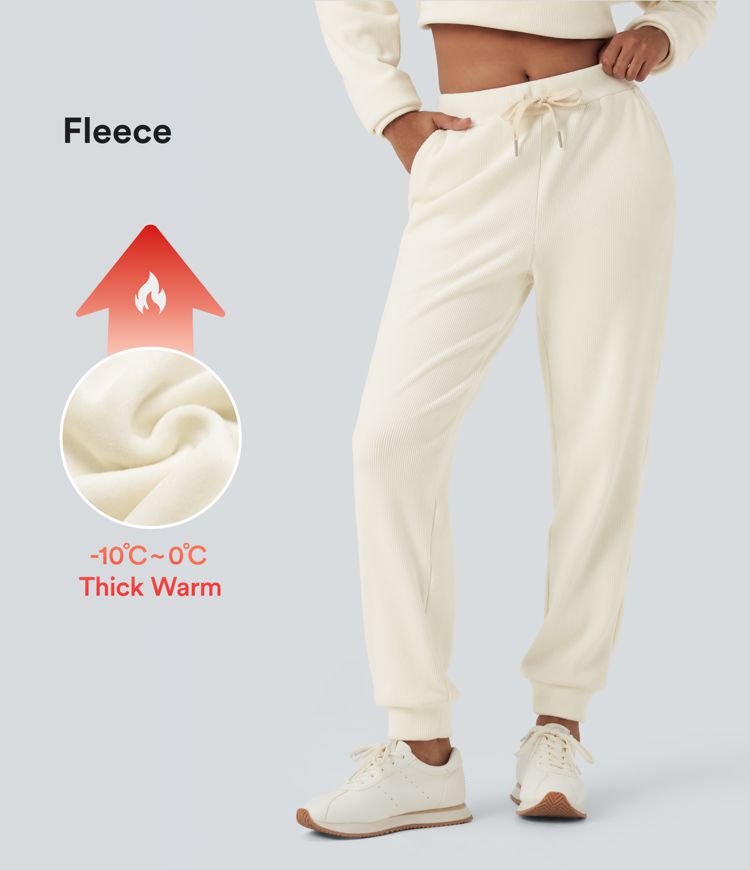 Pantalon de jogging décontracté en tricot côtelé, taille mi-haute, avec cordon de serrage et poches