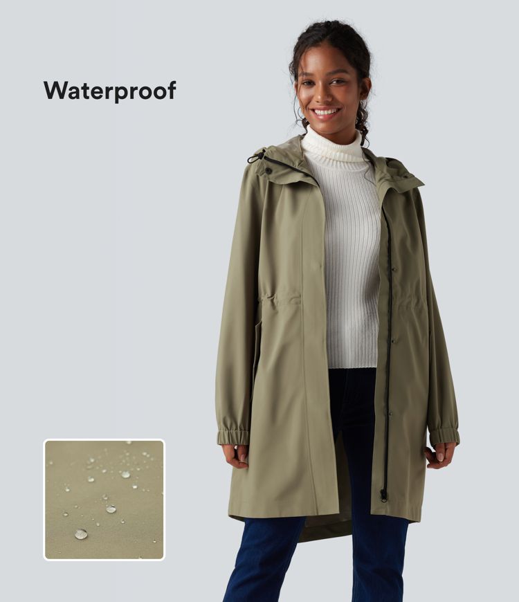Waterproof Hooded Long Sleeve Longline Casual Jacket with Pockets