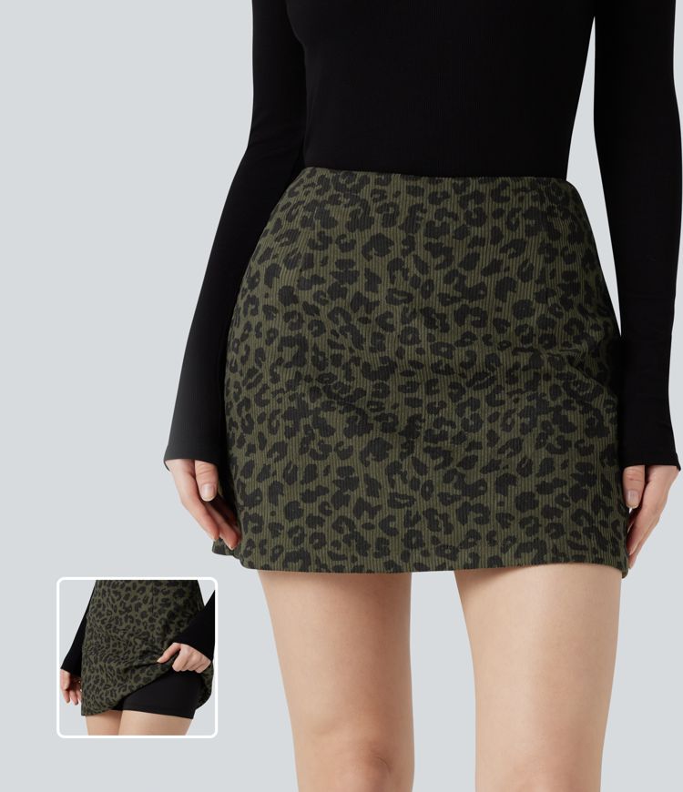 High Waisted 2-in-1 A Line Mini Leopard Print Corduroy Casual Skirt