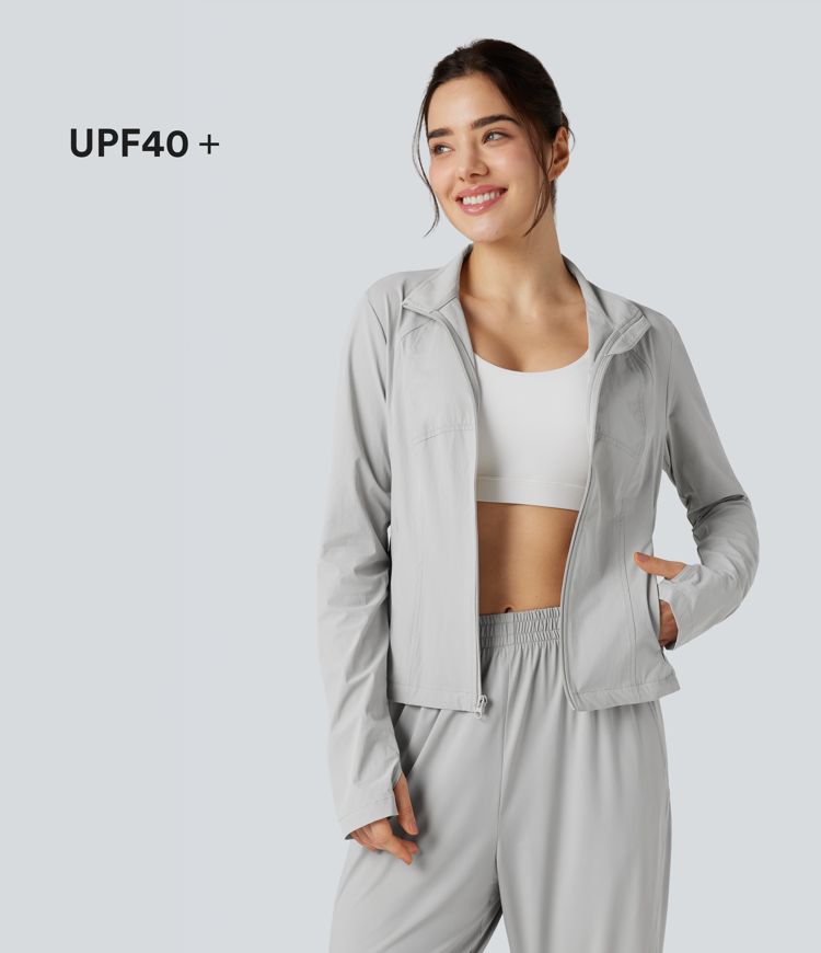 Stand Collar Long Sleeve Thumb Hole Hiking Jacket with Pockets-UPF40+