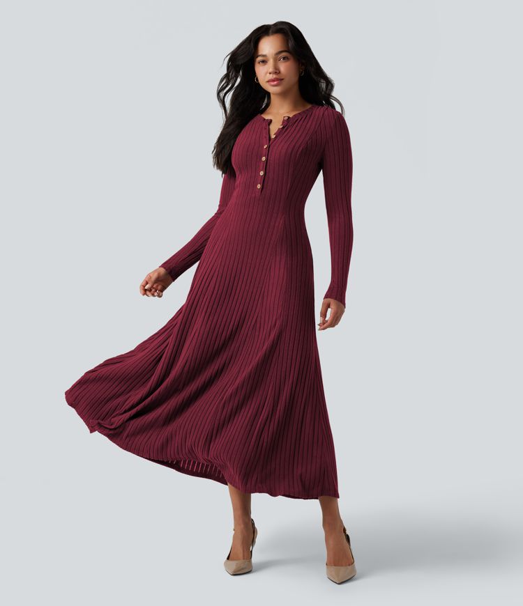 Ribbed Knit Henley Neck Long Sleeve Flowy Maxi Casual Dress