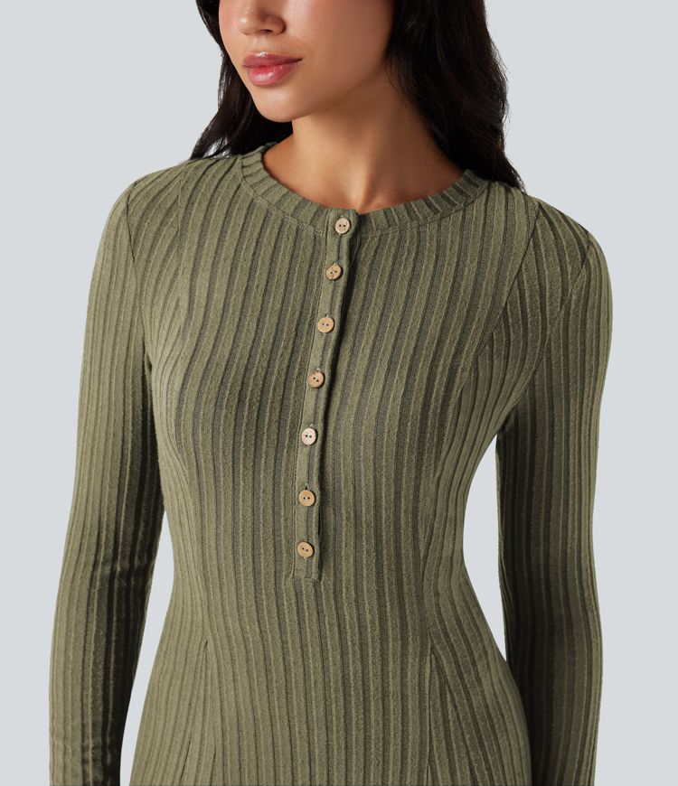 Ribbed Knit Henley Neck Long Sleeve Flowy Maxi Fleece Casual Dress