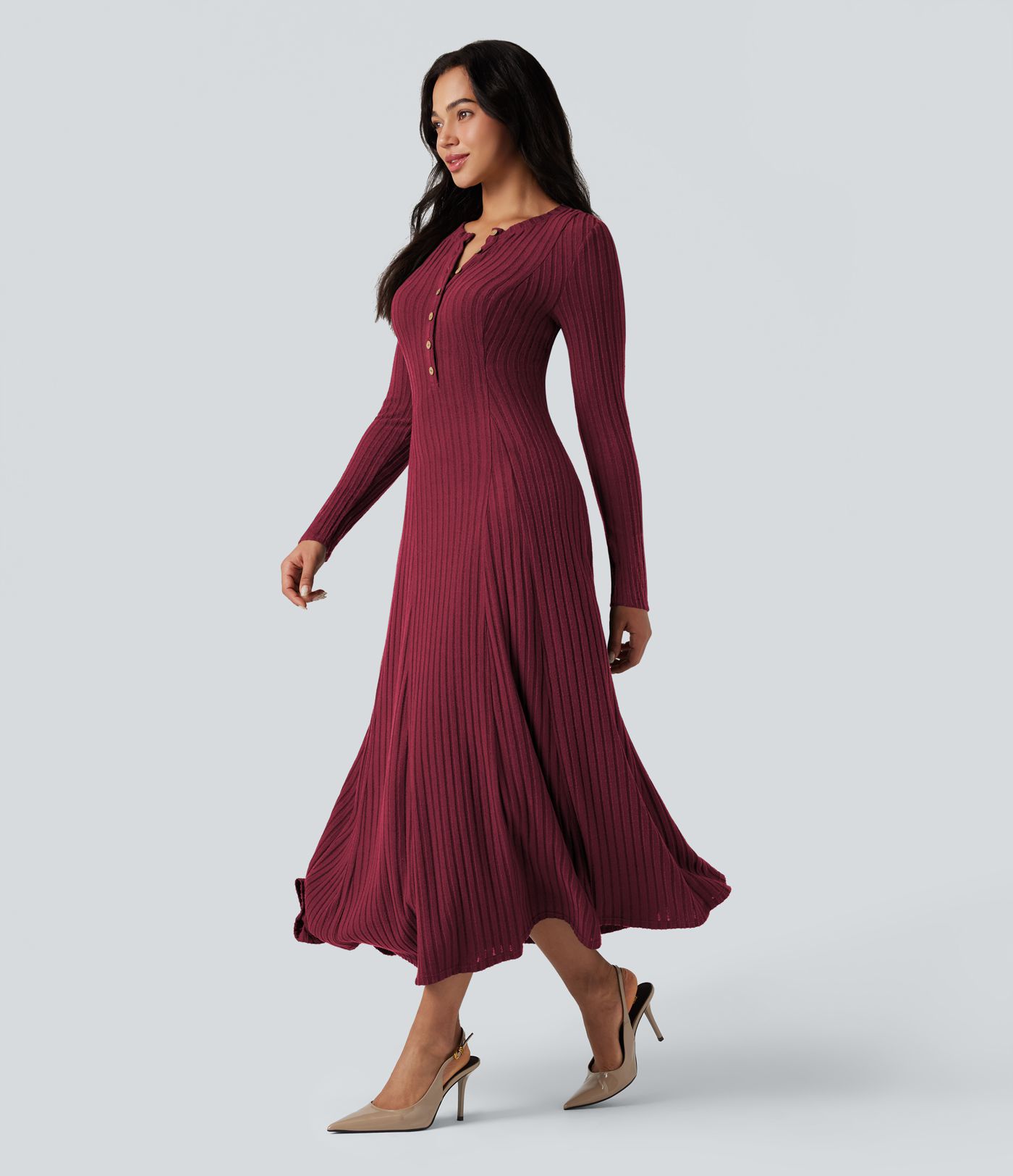 Ribbed Knit Henley Neck Long Sleeve Flowy Maxi Casual Dress