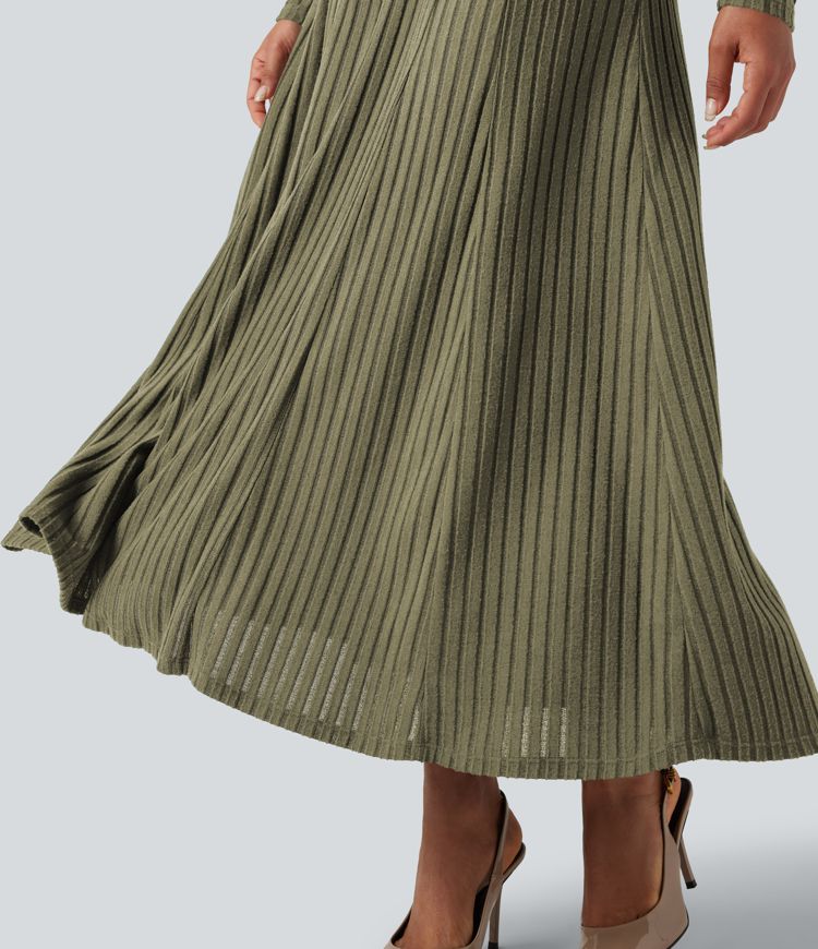 Ribbed Knit Henley Neck Long Sleeve Flowy Maxi Fleece Casual Dress