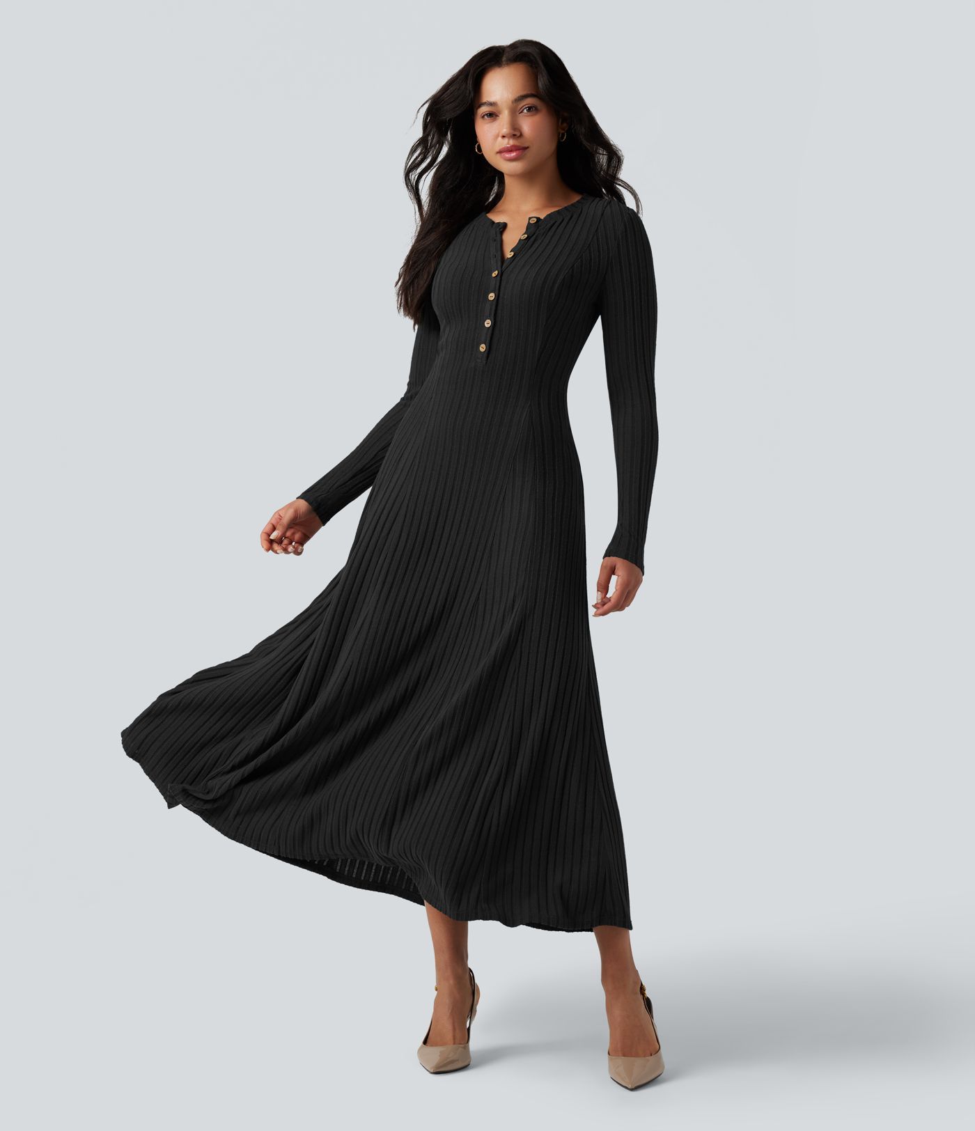 Ribbed Knit Henley Neck Long Sleeve Flowy Maxi Casual Dress