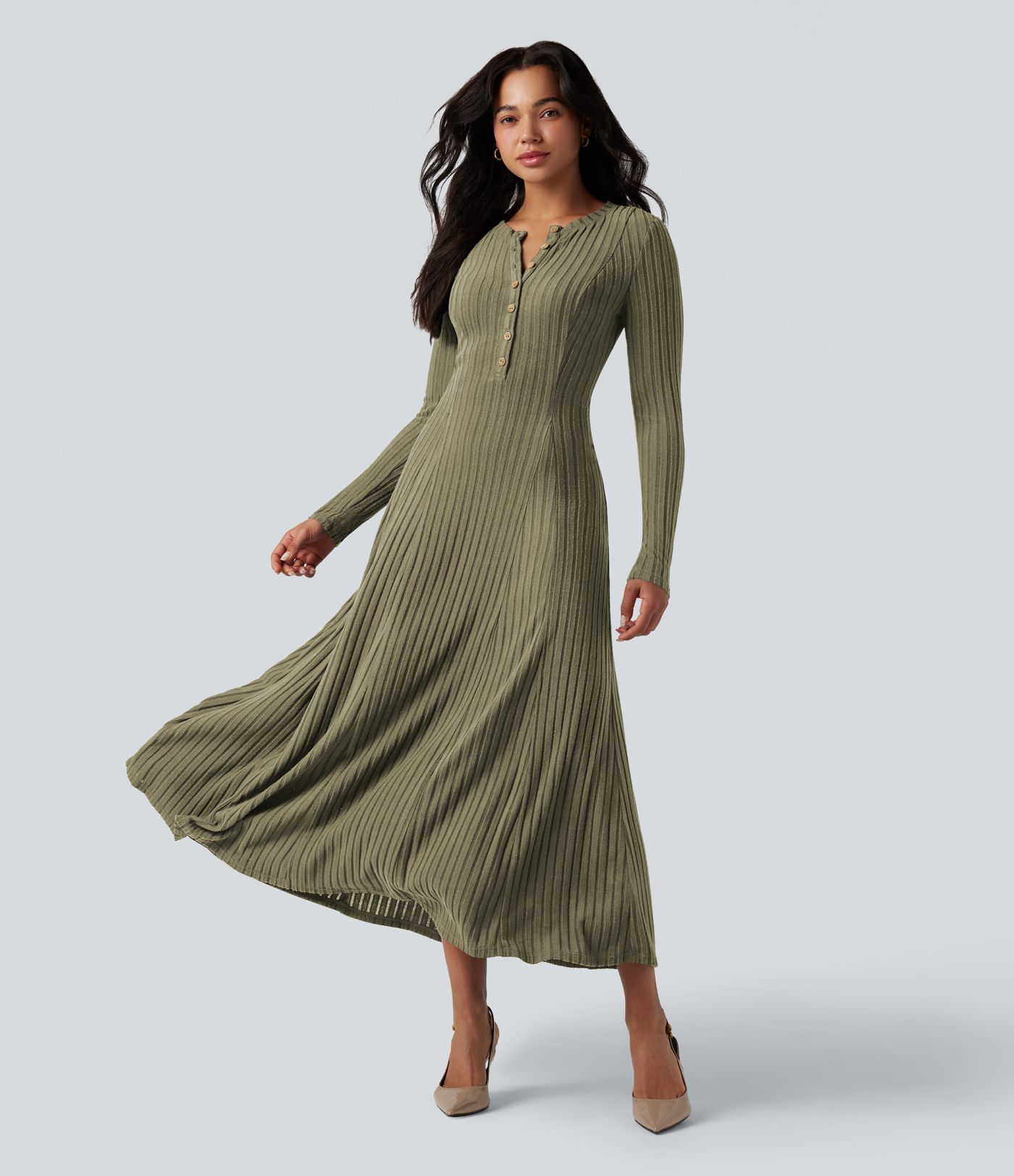 Ribbed Knit Henley Neck Long Sleeve Flowy Maxi Fleece Casual Dress