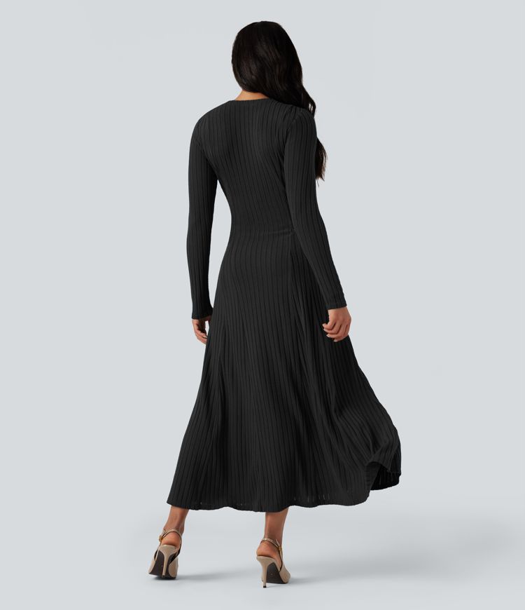 Ribbed Knit Henley Neck Long Sleeve Flowy Maxi Casual Dress
