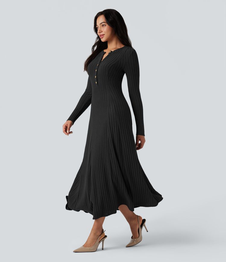 Ribbed Knit Henley Neck Long Sleeve Flowy Maxi Casual Dress