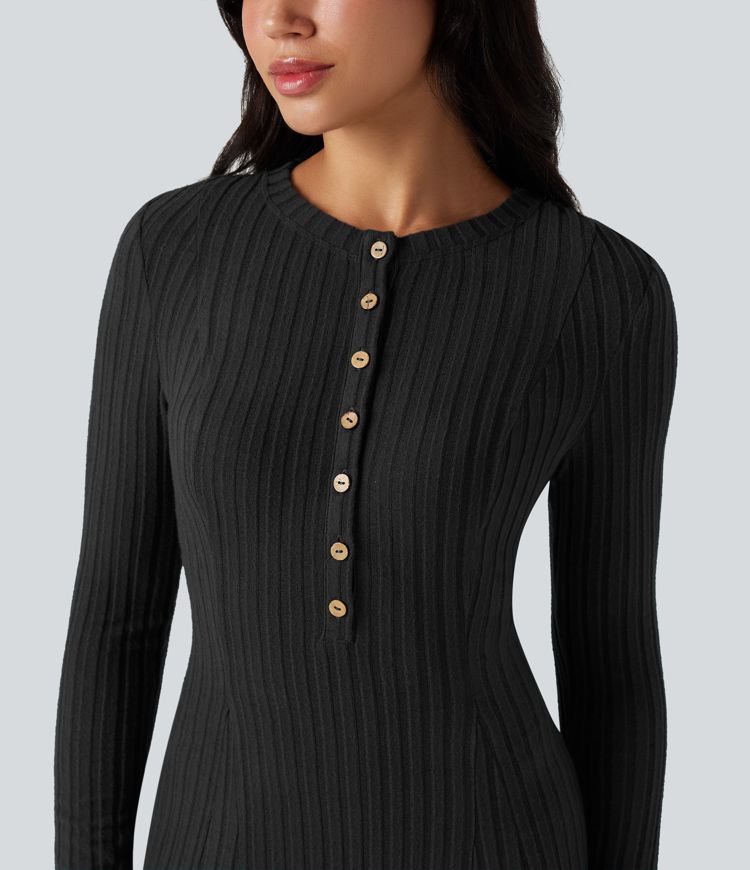 Ribbed Knit Henley Neck Long Sleeve Flowy Maxi Casual Dress