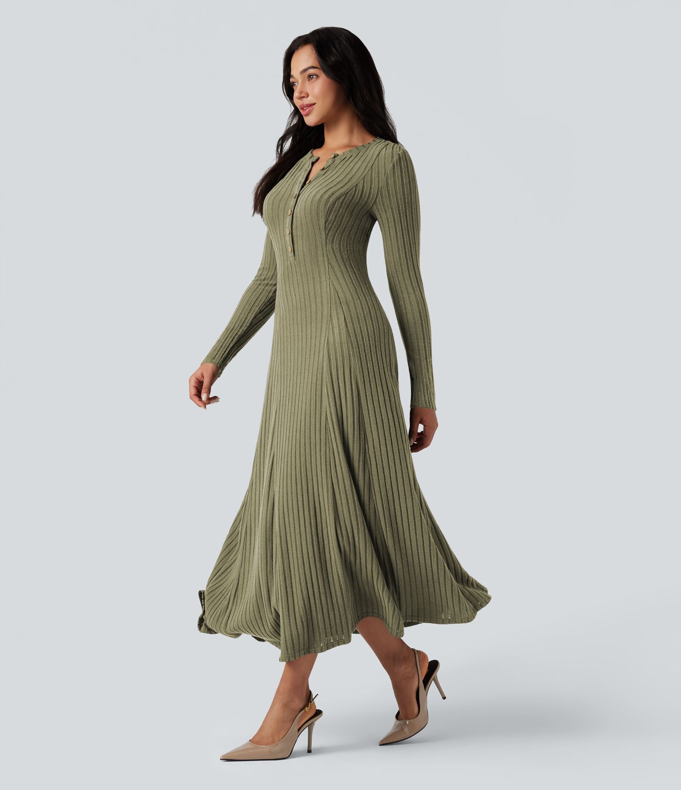 Ribbed Knit Henley Neck Long Sleeve Flowy Maxi Fleece Casual Dress