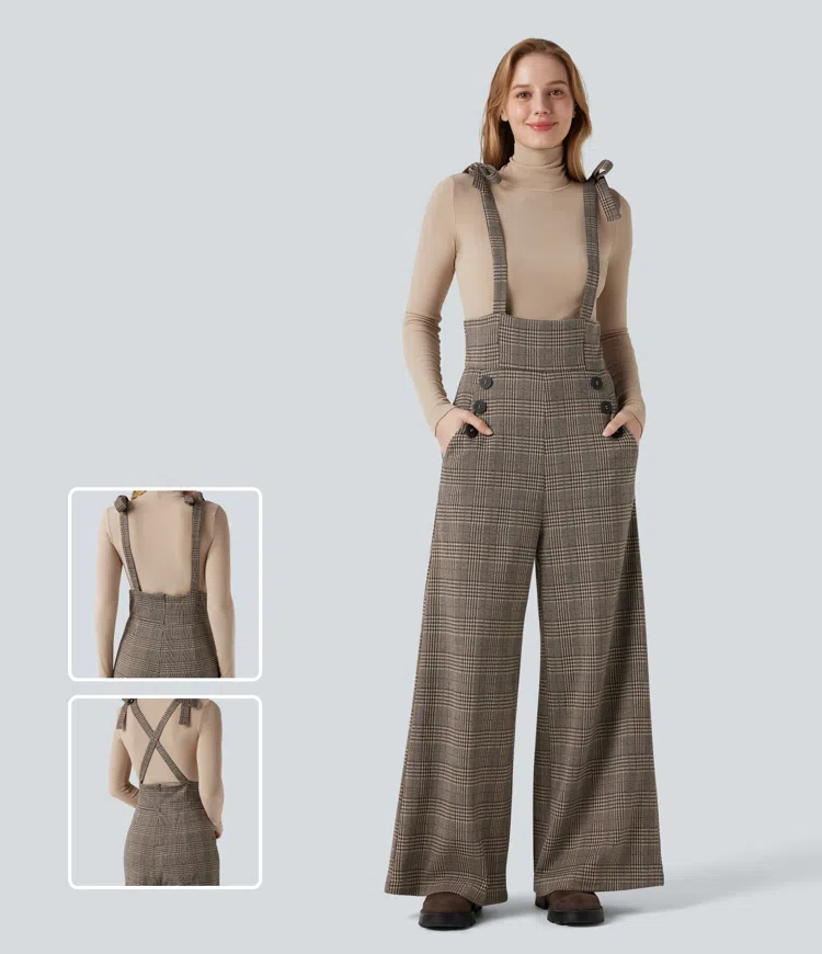 Brown Houndstooth Plaid Arbeitslatzhose mit Seitentaschen, Karomuster, seitlicher Schnürung und weitem Bein / 1