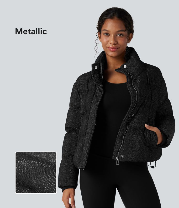 High Neck Drawstring Hem Metallic Casual Padded Jacket with Pockets
