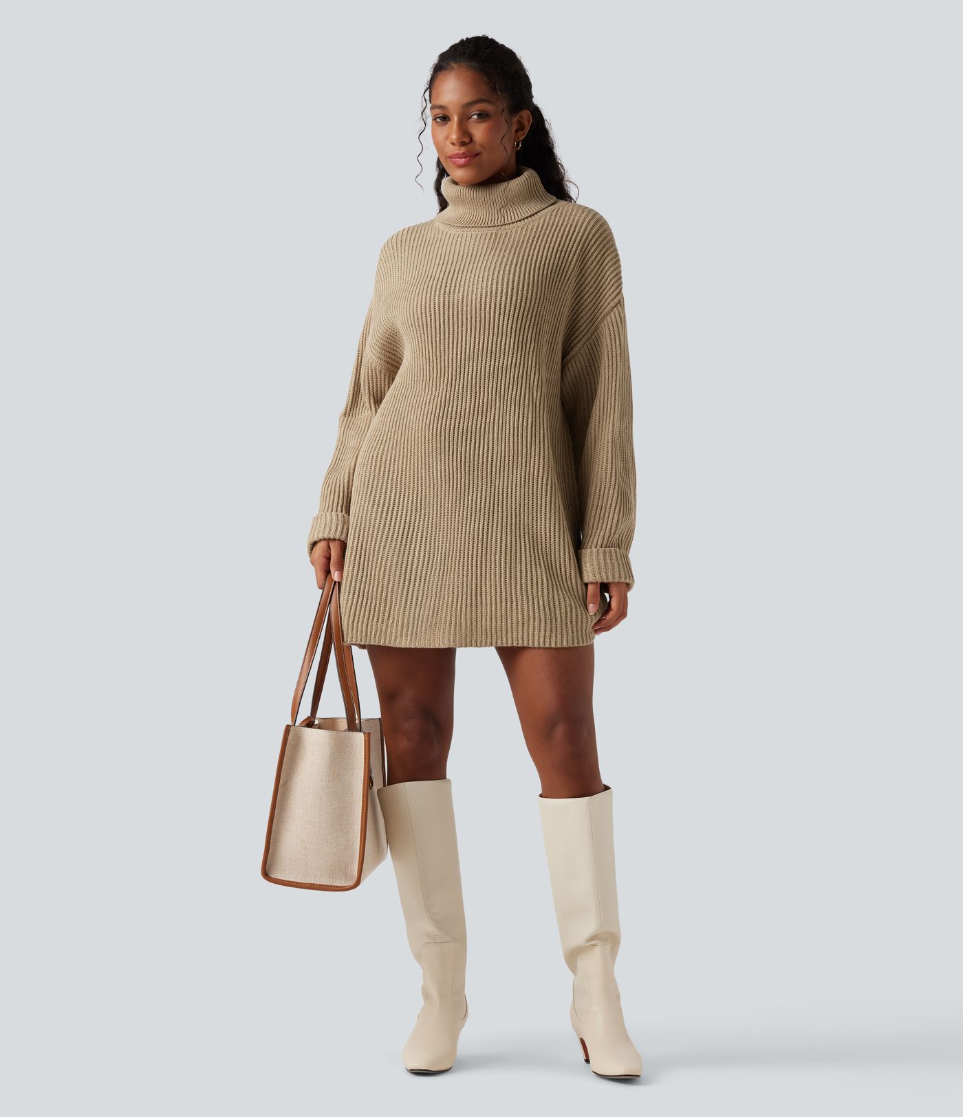 High Neck Long Sleeve Mini Work Jumper Dress