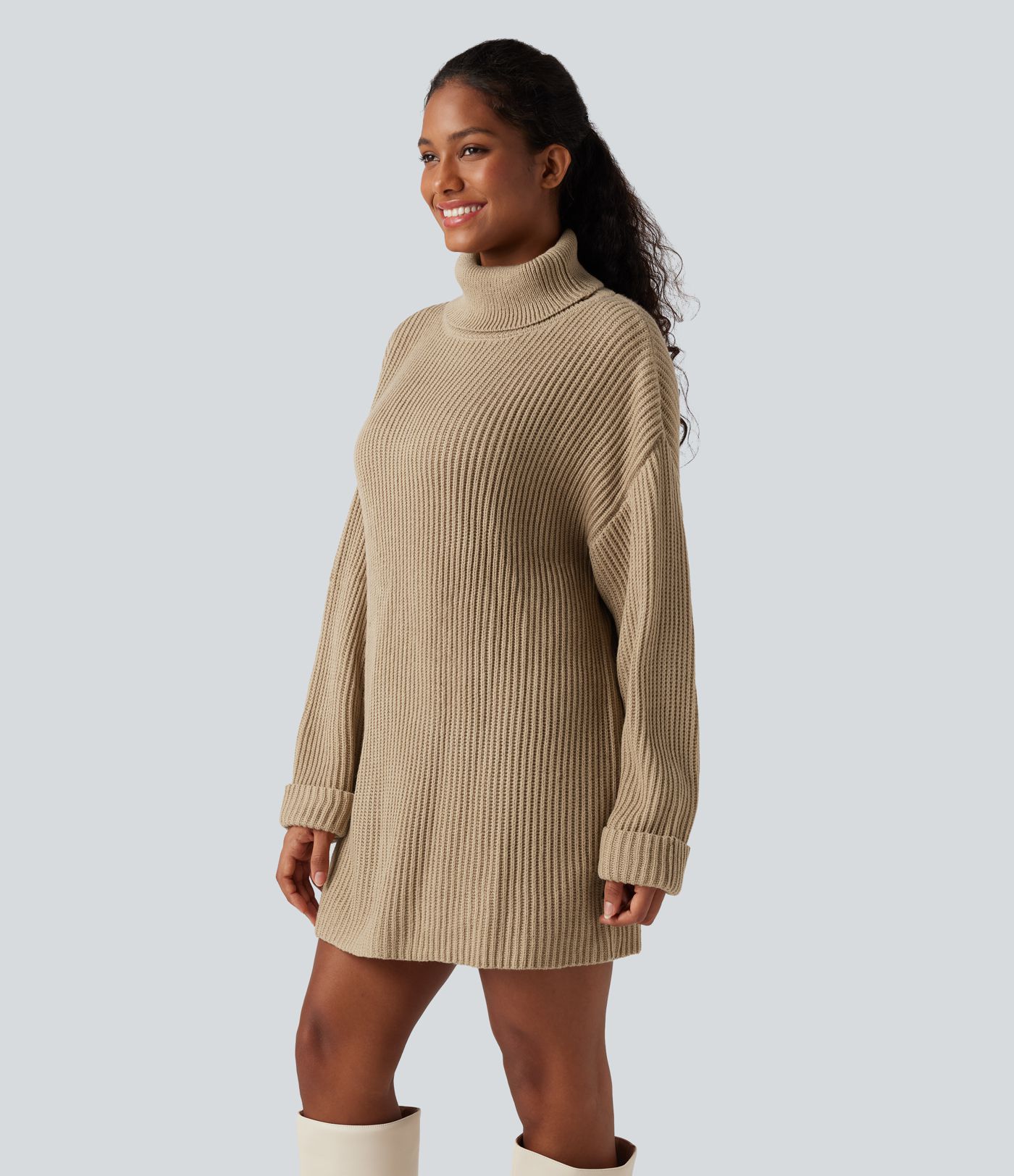 High Neck Long Sleeve Mini Work Jumper Dress