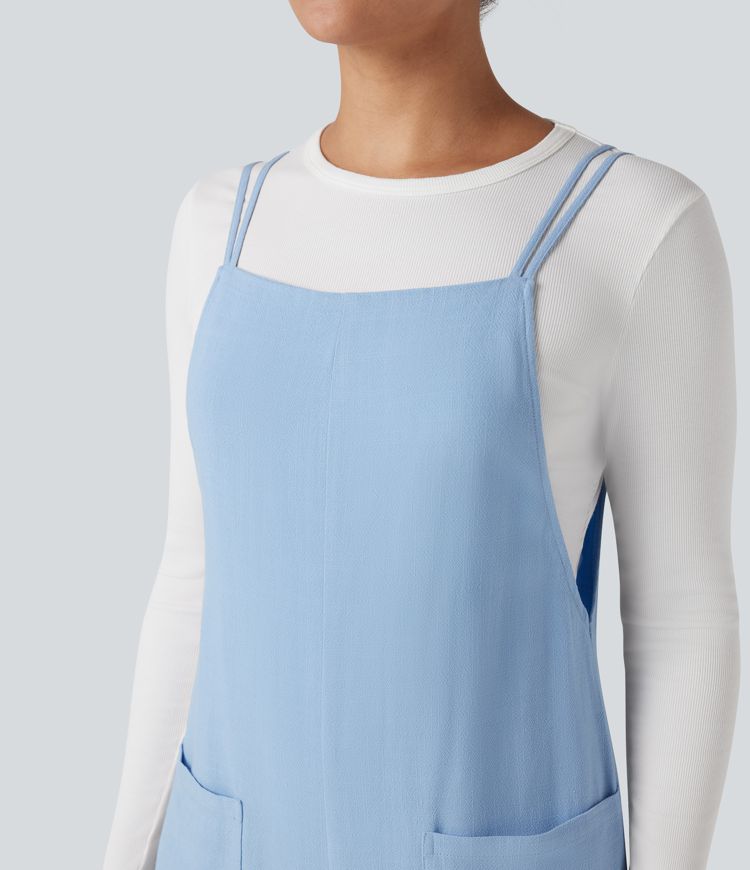 Straight Leg Casual Linen Overalls with Pockets