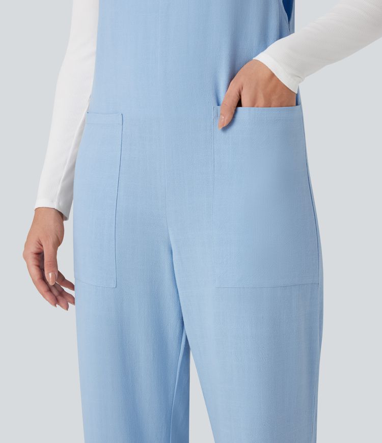 Straight Leg Casual Linen Overalls with Pockets