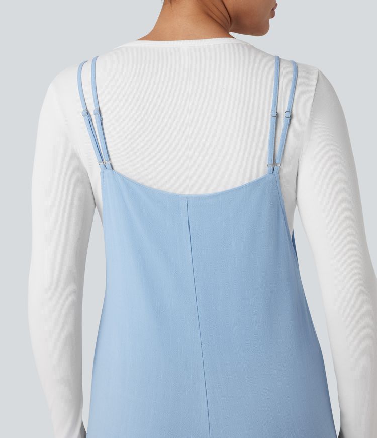 Straight Leg Casual Linen Overalls with Pockets