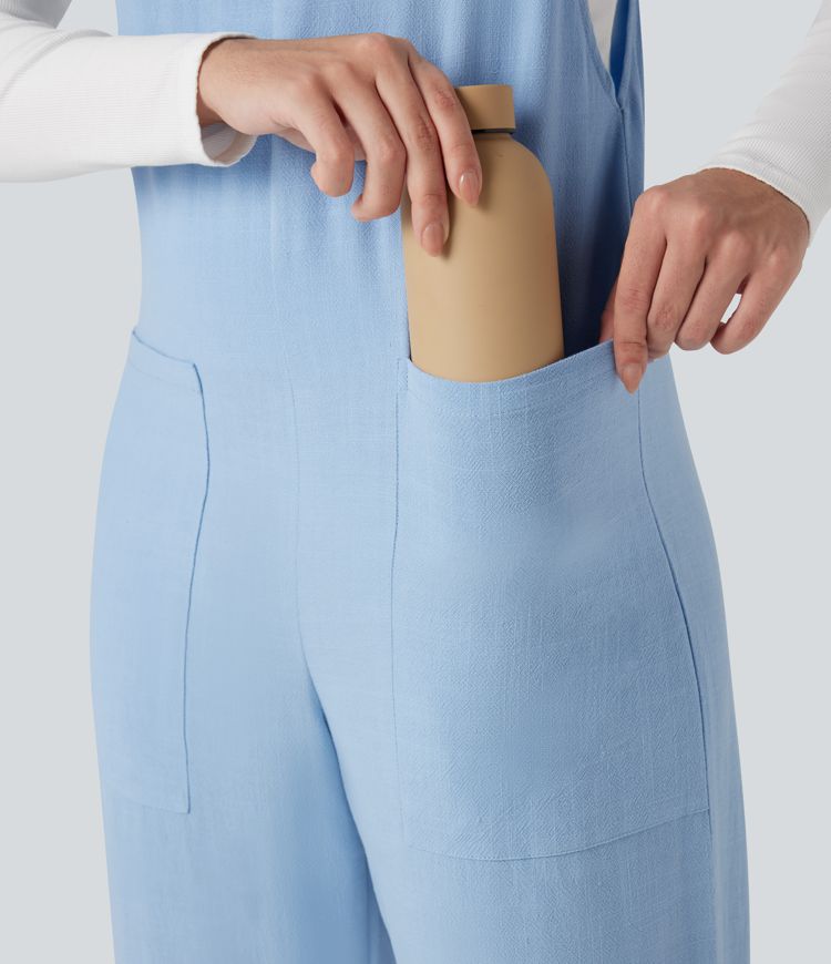 Straight Leg Casual Linen Overalls with Pockets