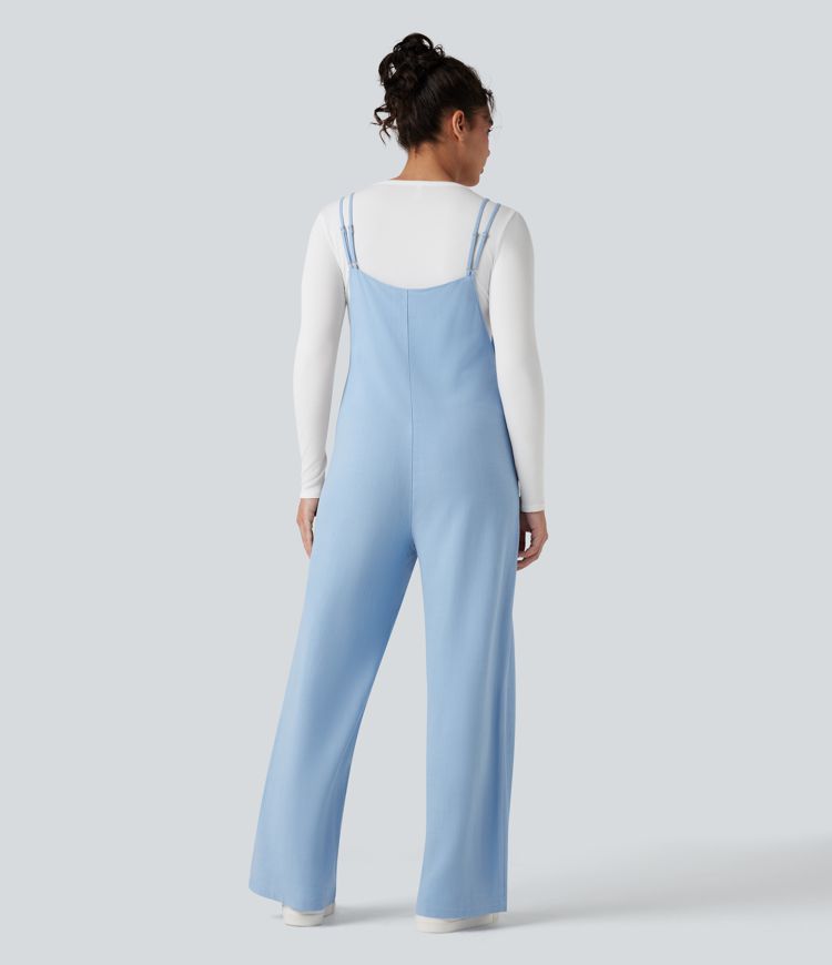 Straight Leg Casual Linen Overalls with Pockets