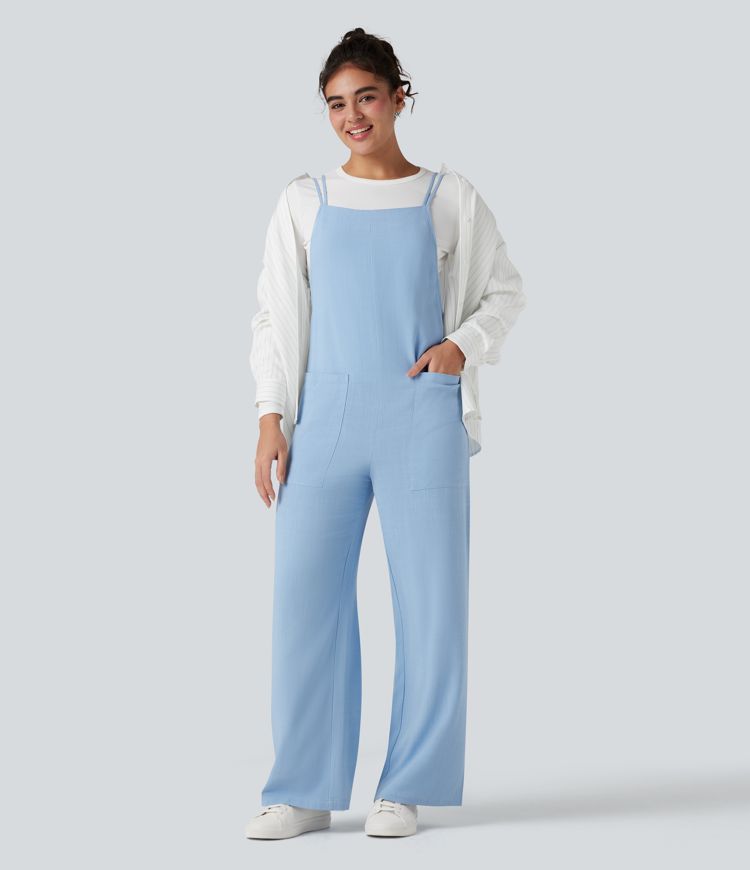 Straight Leg Casual Linen Overalls with Pockets