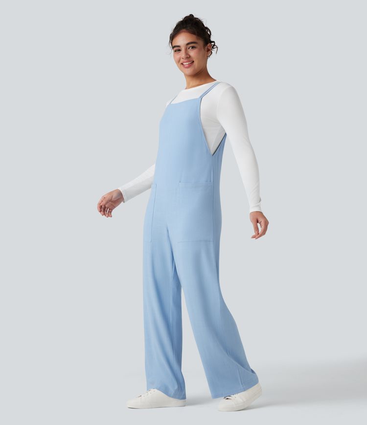 Straight Leg Casual Linen Overalls with Pockets