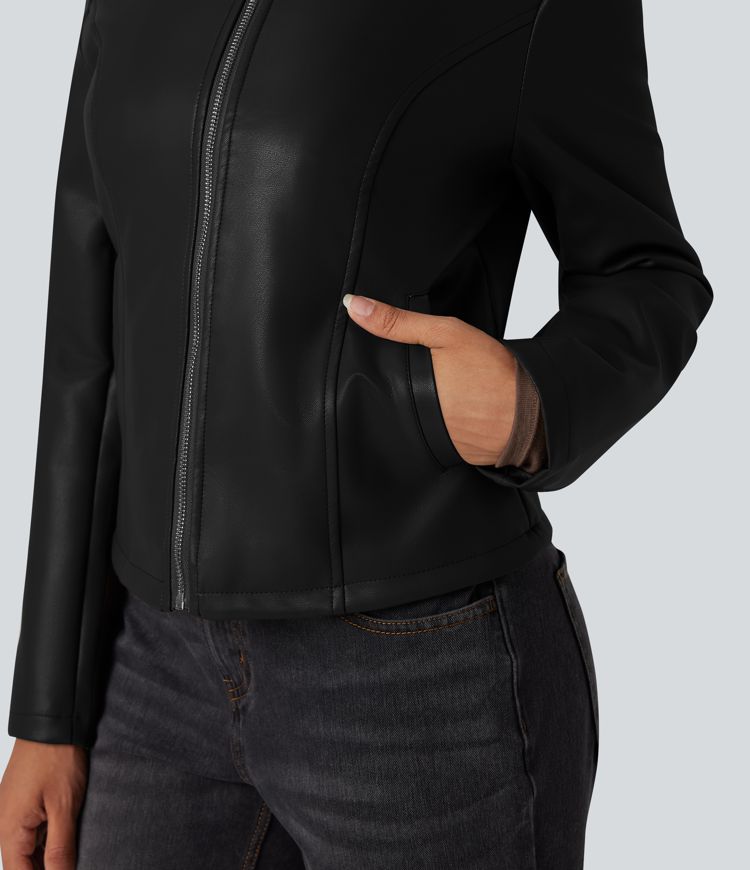 Round Neck Long Sleeve Zipper Casual Faux Leather Jacket with Pockets