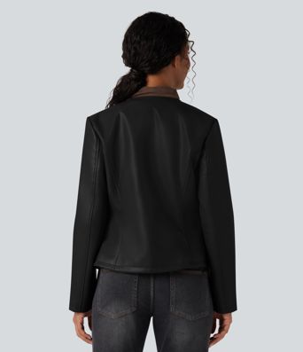 Round Neck Long Sleeve Zipper Casual Faux Leather Jacket with Pockets