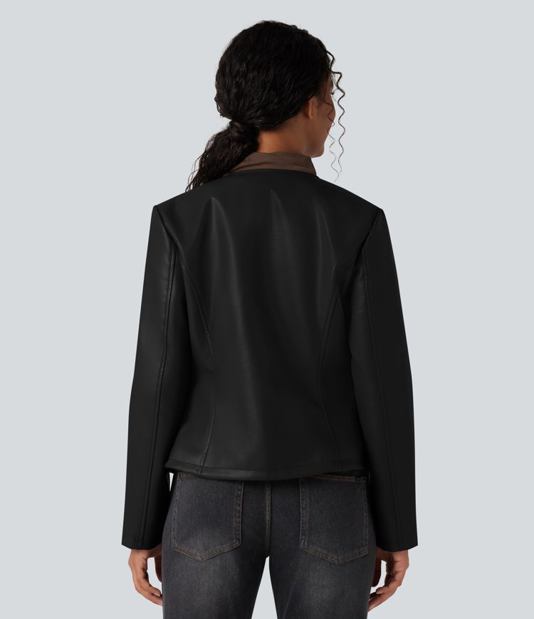 Round Neck Long Sleeve Zipper Casual Faux Leather Jacket with Pockets