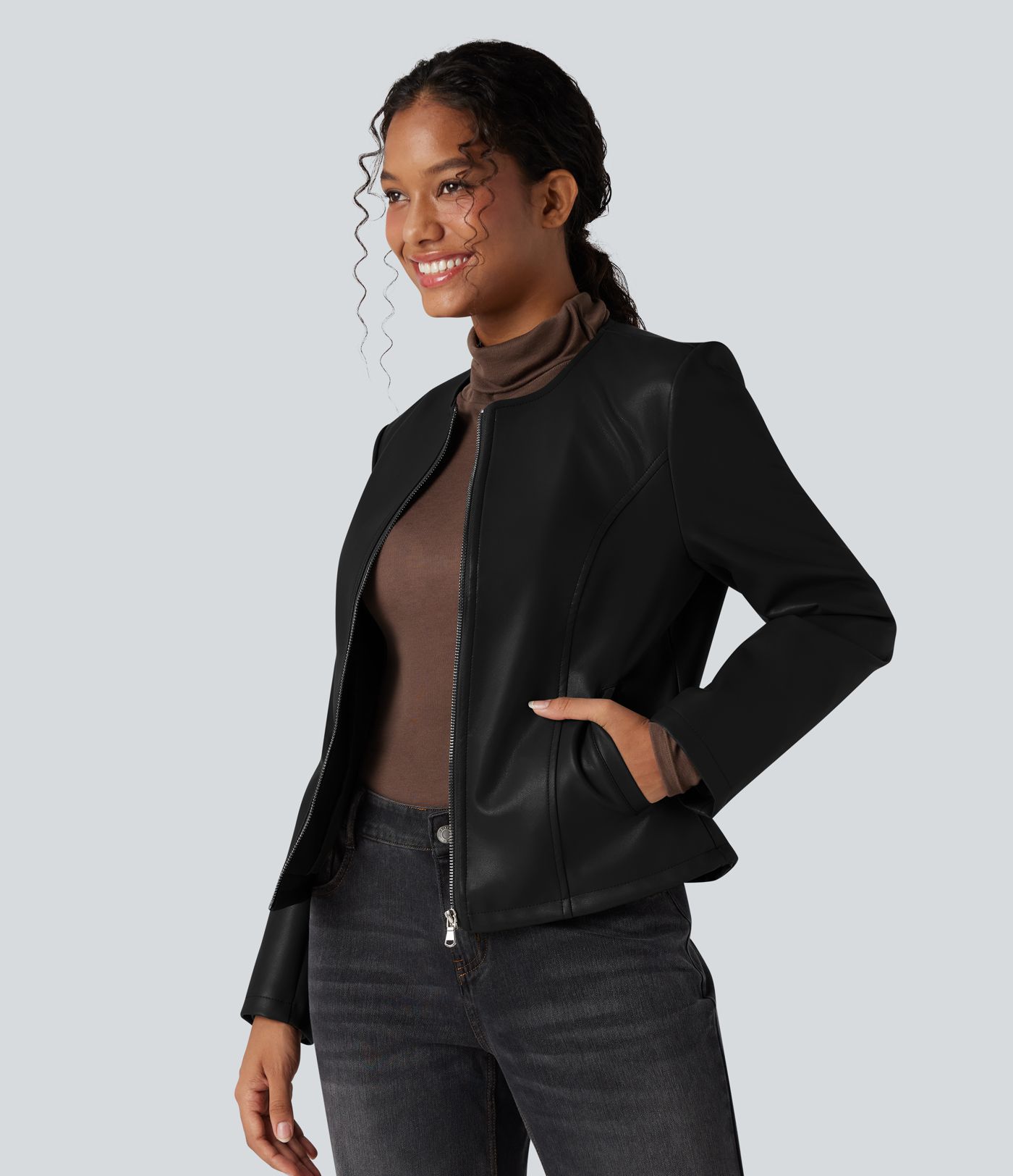 Round Neck Long Sleeve Zipper Casual Faux Leather Jacket with Pockets