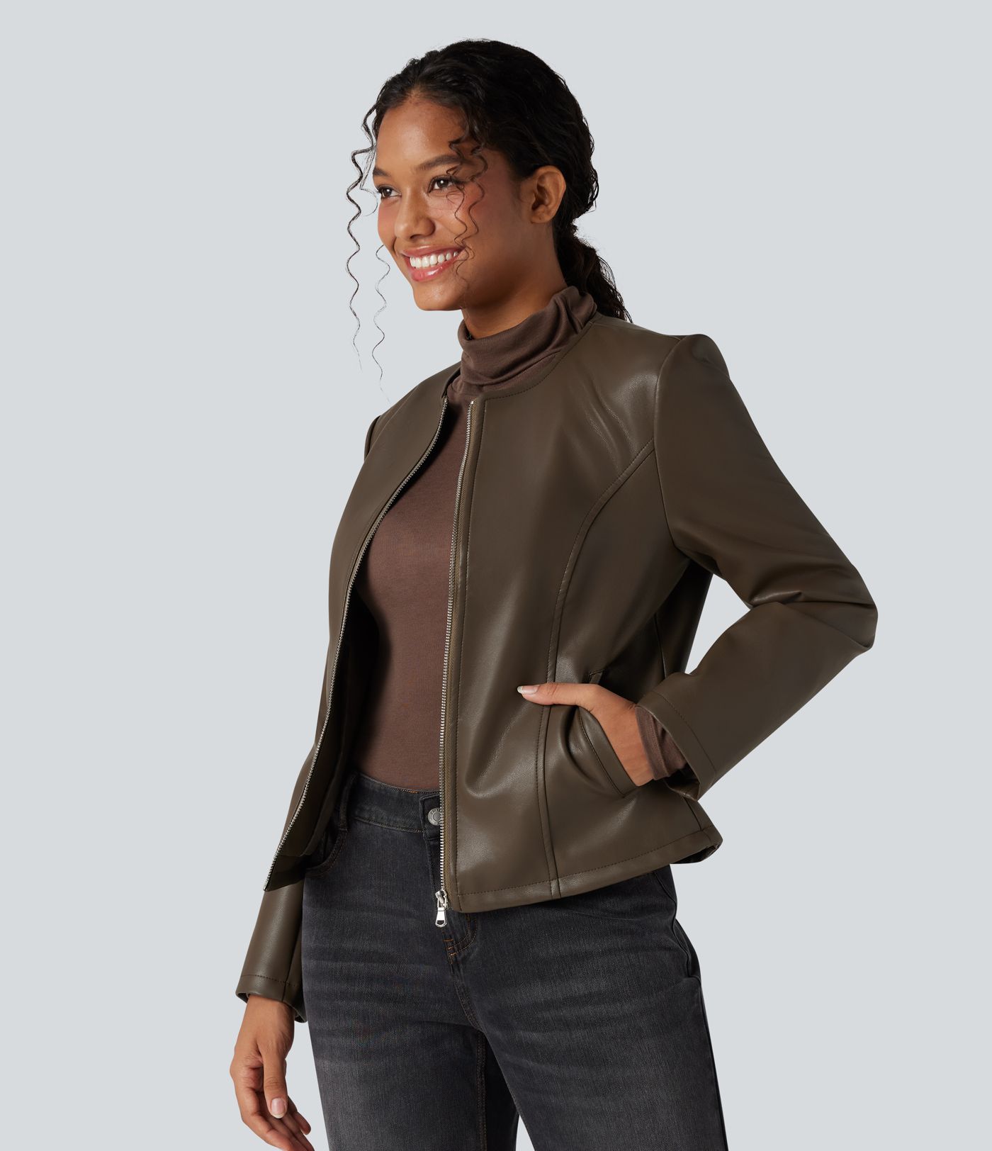 Round Neck Long Sleeve Zipper Casual Faux Leather Jacket with Pockets