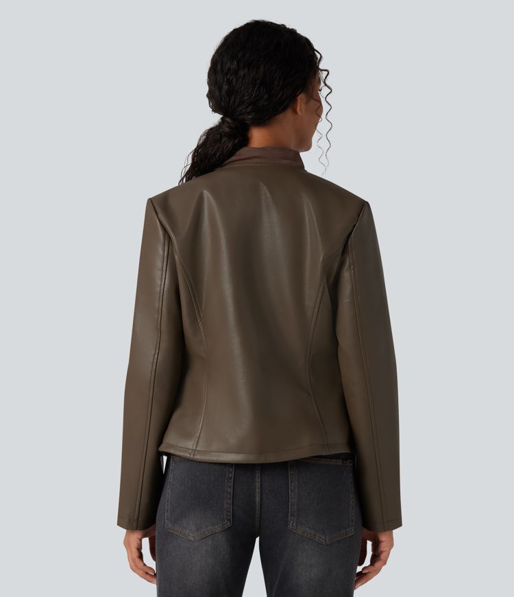 Round Neck Long Sleeve Zipper Casual Faux Leather Jacket with Pockets