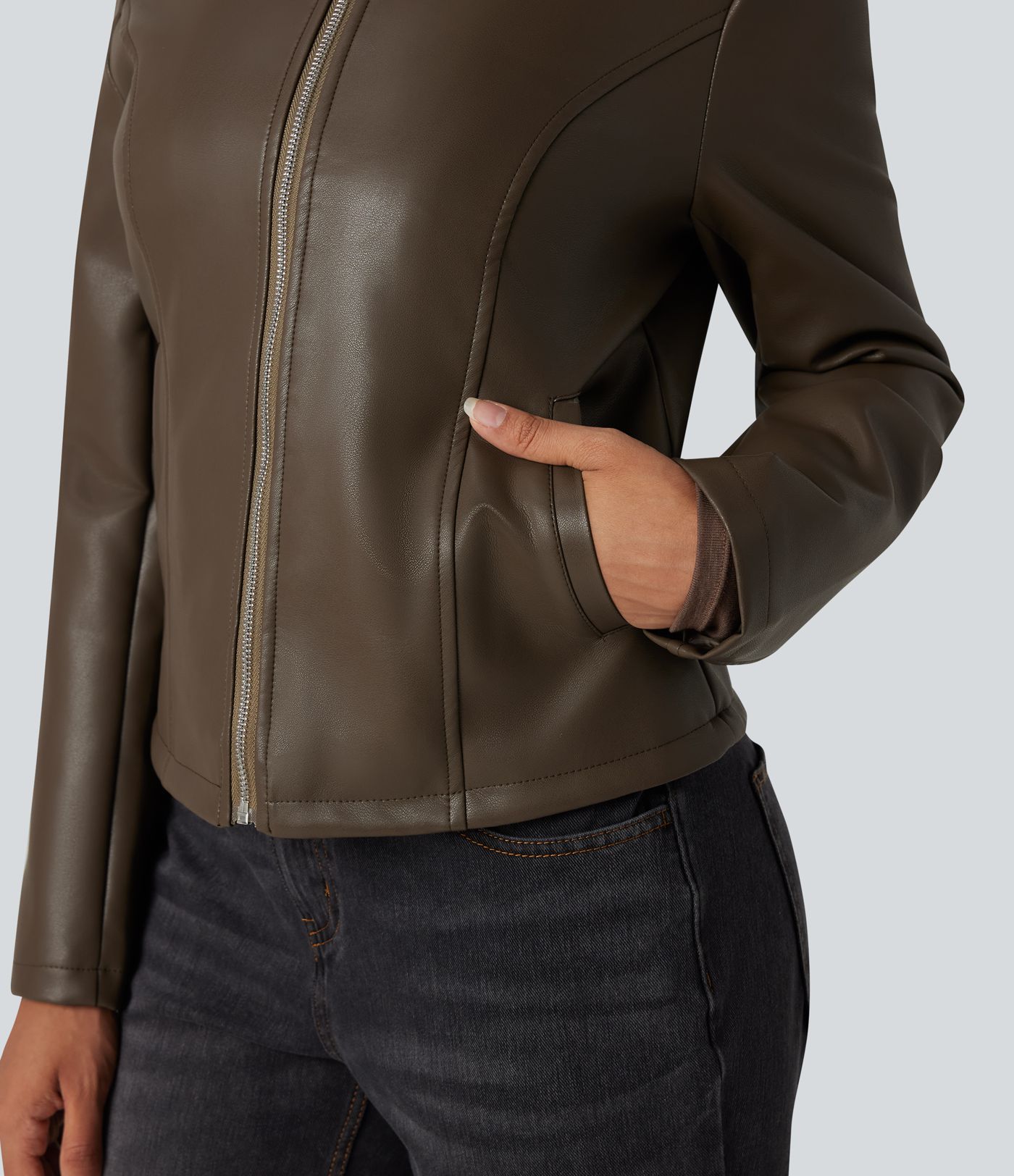 Round Neck Long Sleeve Zipper Casual Faux Leather Jacket with Pockets