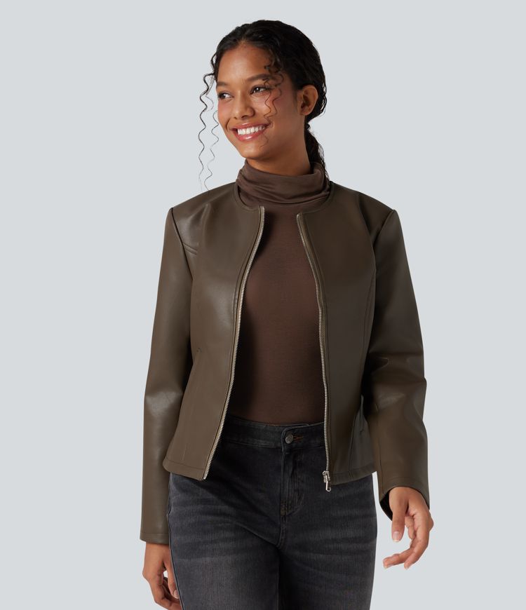 Round Neck Long Sleeve Zipper Casual Faux Leather Jacket with Pockets