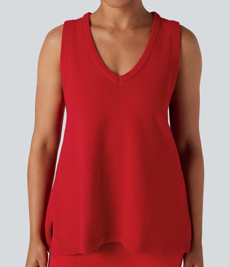 Deep V-neck Sleeveless Split Hem Lounge Top