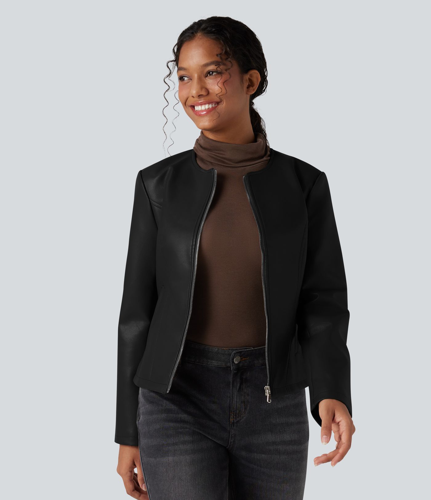 Round Neck Long Sleeve Zipper Casual Faux Leather Jacket with Pockets