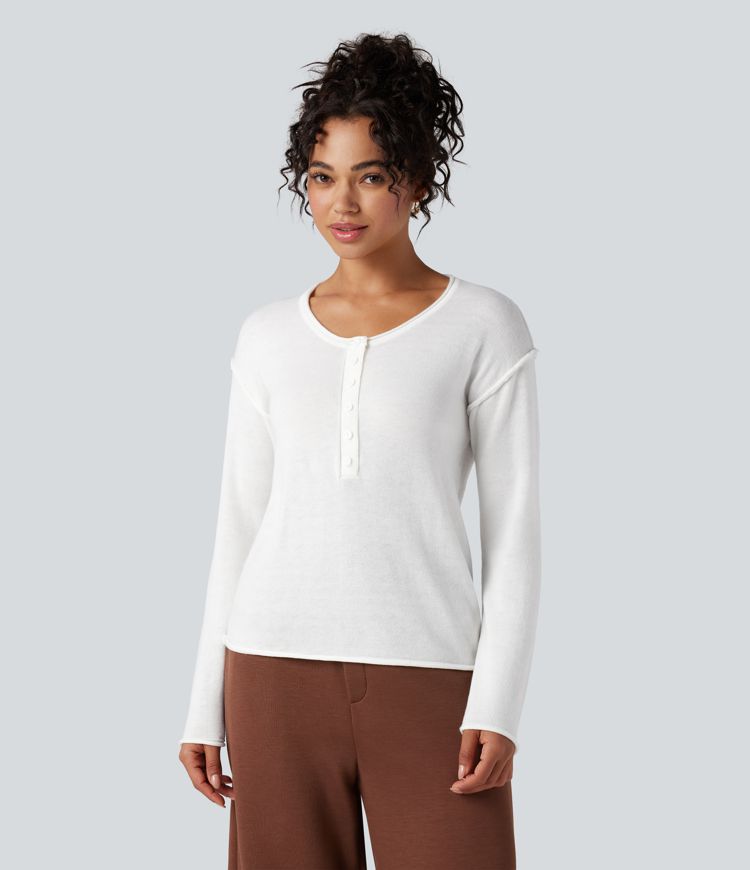 Henley Neck Long Sleeve Work Sweater