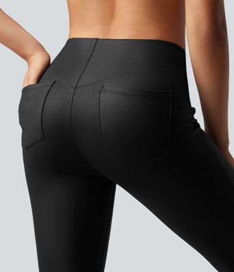 Halara Ultrasculpt™ Faux Leather Shine High Waisted Bootcut Yoga Leggings with Pockets