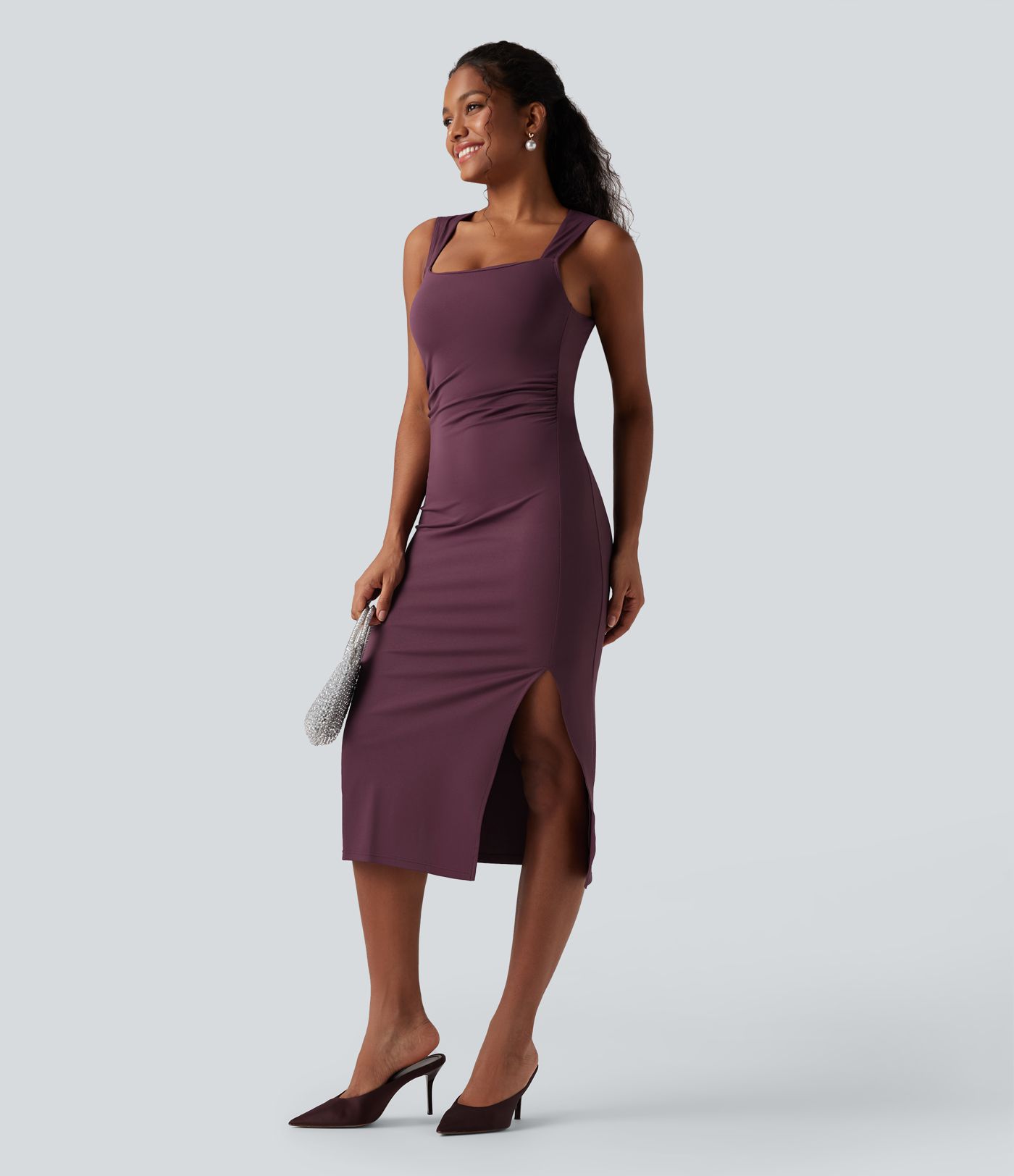 Square Neck Sleeveless Cut Out Tie Back Bodycon Midi Dress
