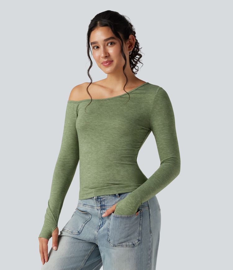 One Shoulder Long Sleeve Thumb Hole Casual Top