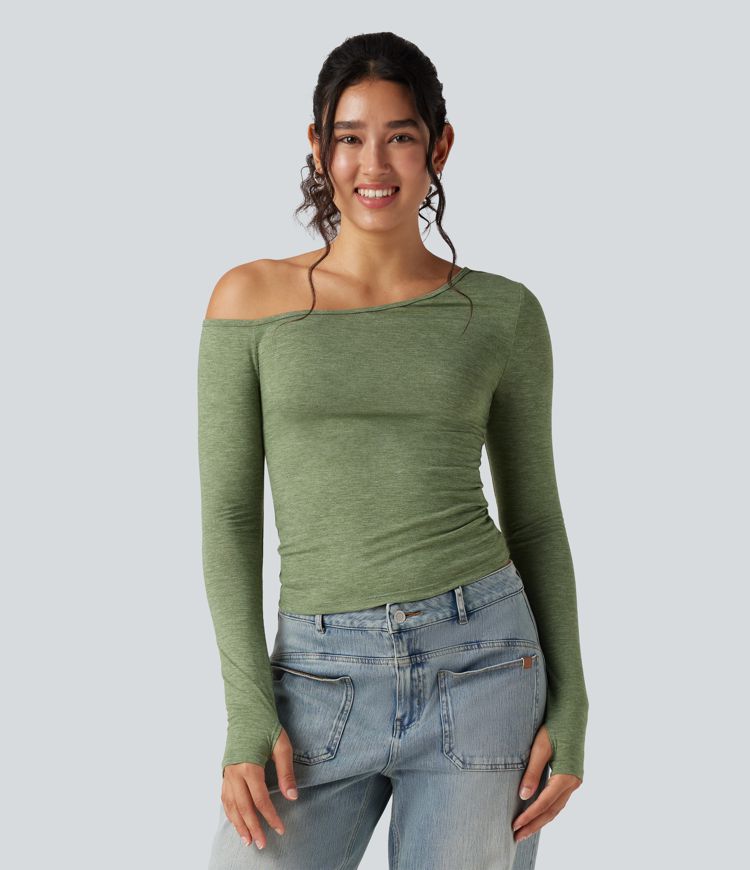 One Shoulder Long Sleeve Thumb Hole Casual Top