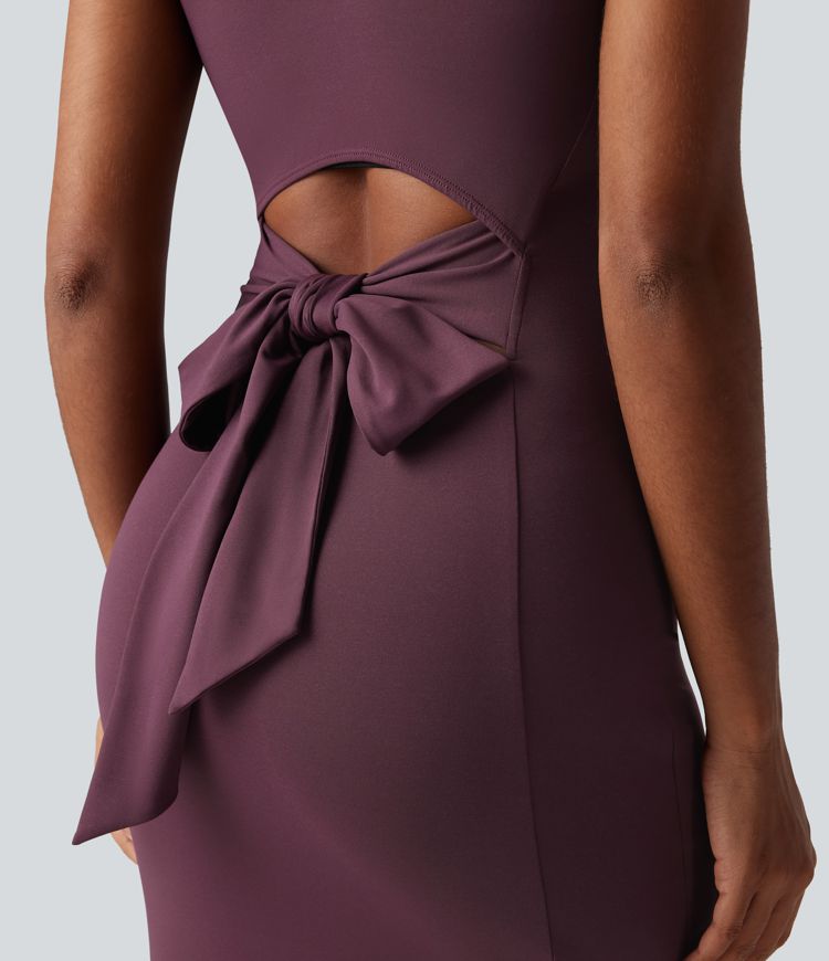 Square Neck Sleeveless Cut Out Tie Back Bodycon Midi Dress