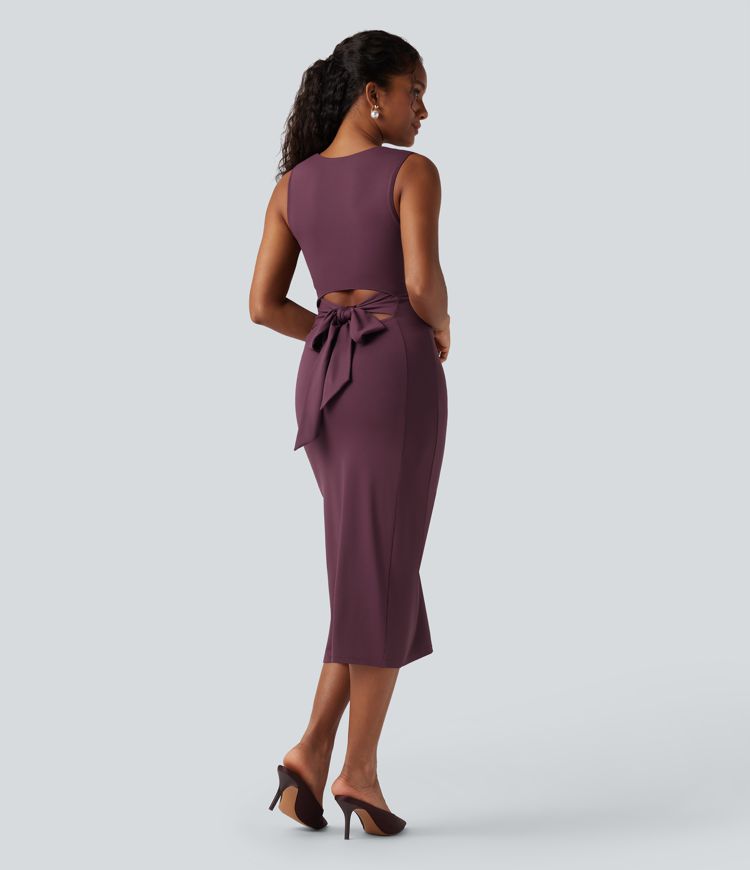 Square Neck Sleeveless Cut Out Tie Back Bodycon Midi Dress