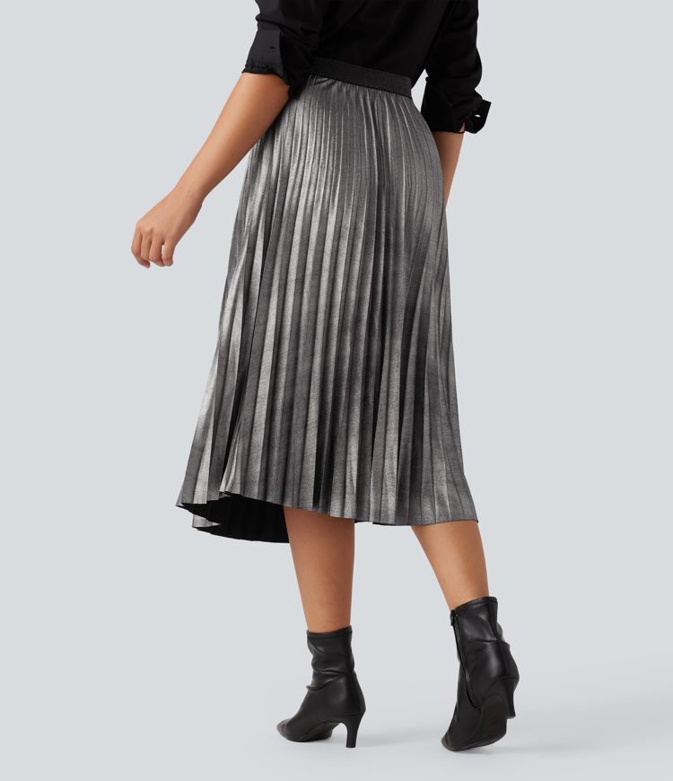 High Waisted Midi Metallic Casual Pleated Skirt