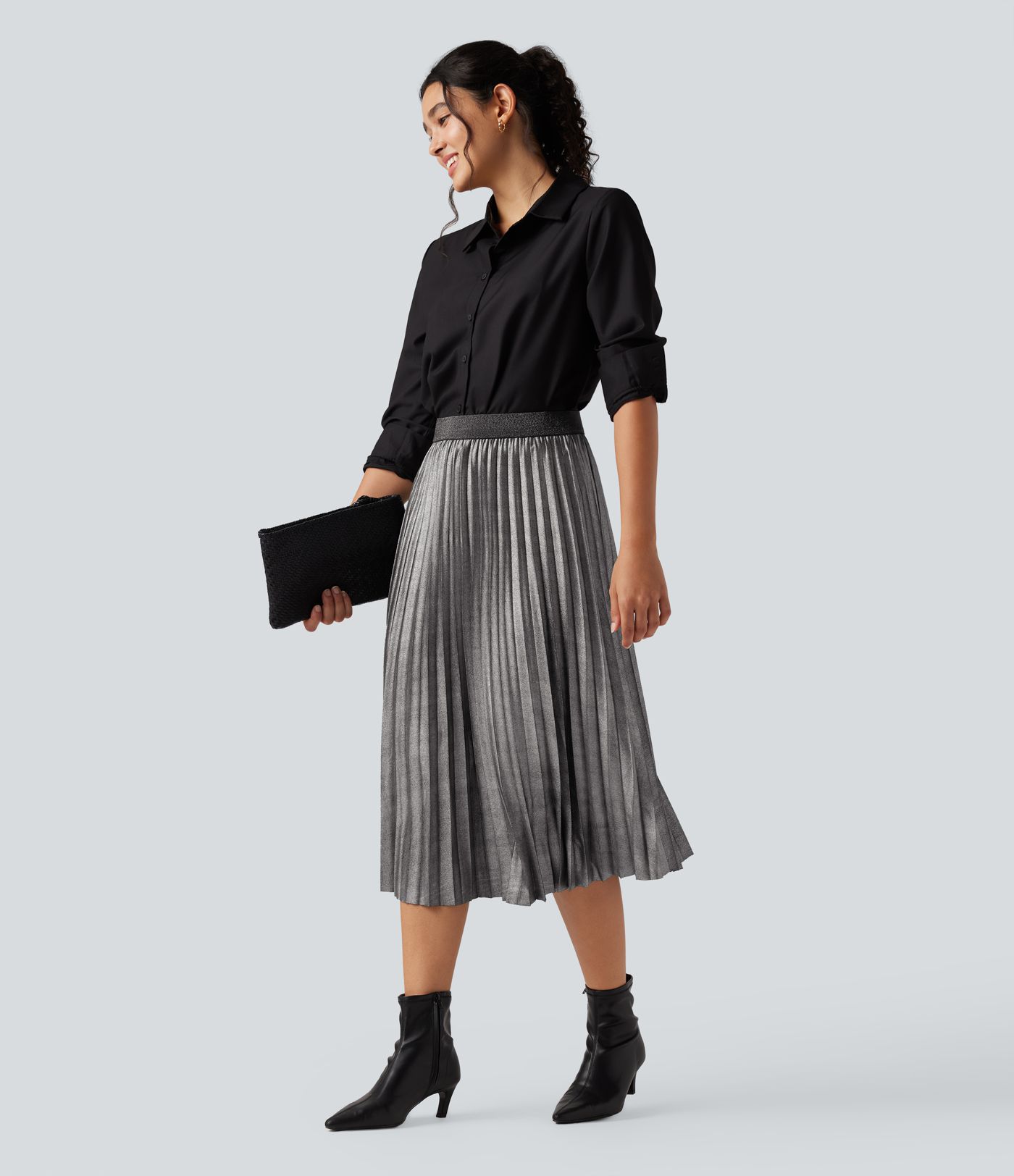 High Waisted Midi Sparkle Casual Pleated Skirt