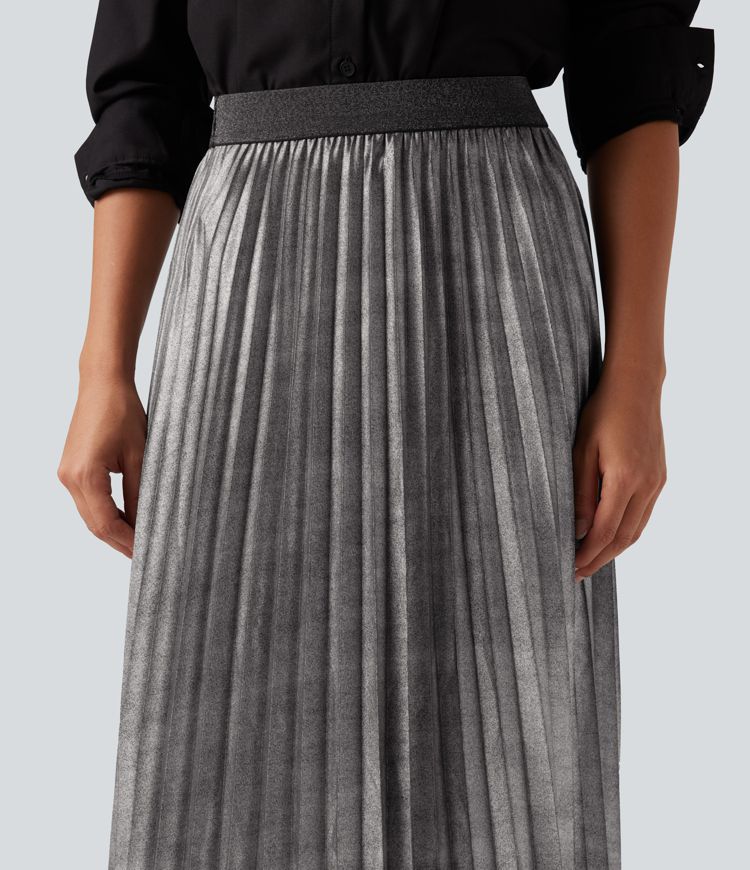 High Waisted Midi Metallic Casual Pleated Skirt