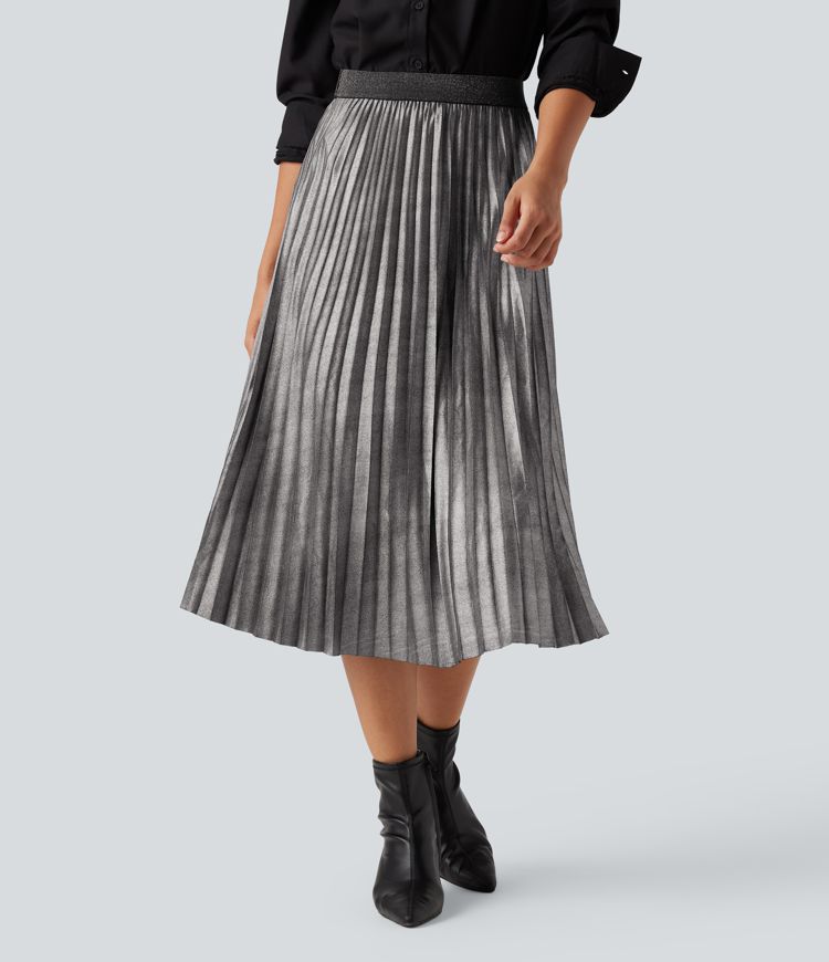 High Waisted Midi Metallic Casual Pleated Skirt